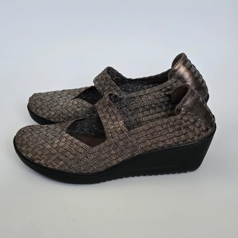 Bare Traps Ursala Bronze Metallic Woven Mary Jane Wedge Heels Shoes Size 7½